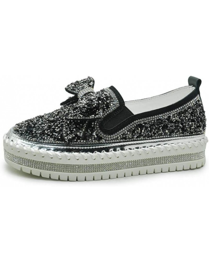 Women's Platform Rhinestones Glitter Sneaker Cute Bow Slip On Comfort Sequin Shiny Flat Loafers Casual Walking Shoes Black $2...