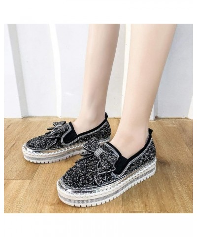 Women's Platform Rhinestones Glitter Sneaker Cute Bow Slip On Comfort Sequin Shiny Flat Loafers Casual Walking Shoes Black $2...