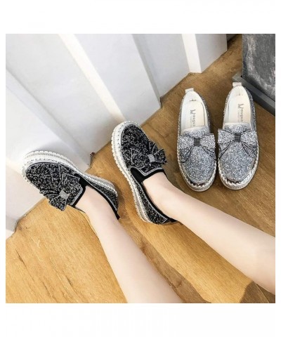 Women's Platform Rhinestones Glitter Sneaker Cute Bow Slip On Comfort Sequin Shiny Flat Loafers Casual Walking Shoes Black $2...