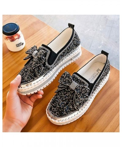 Women's Platform Rhinestones Glitter Sneaker Cute Bow Slip On Comfort Sequin Shiny Flat Loafers Casual Walking Shoes Black $2...