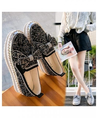 Women's Platform Rhinestones Glitter Sneaker Cute Bow Slip On Comfort Sequin Shiny Flat Loafers Casual Walking Shoes Black $2...