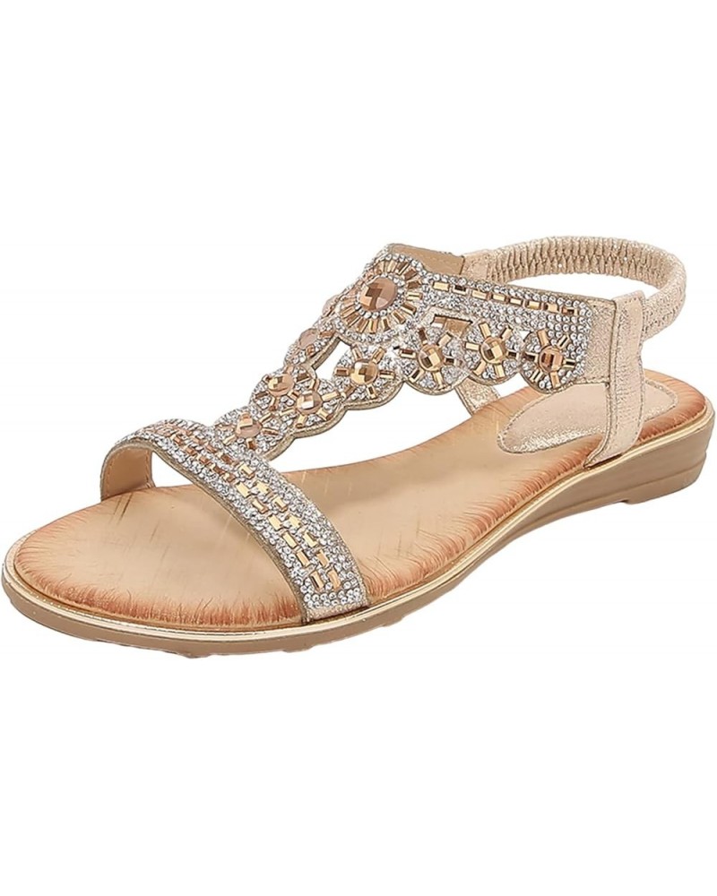 Flat Sandals Ladies Summer Fashion Rhinestone Bohemian Slope Heel Hollow Solid Colour Soft Flat Bottom Open Toe Gold 9 $20.36...