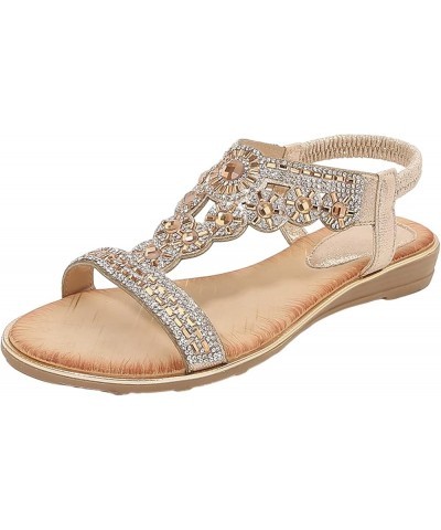 Flat Sandals Ladies Summer Fashion Rhinestone Bohemian Slope Heel Hollow Solid Colour Soft Flat Bottom Open Toe Gold 9 $20.36...