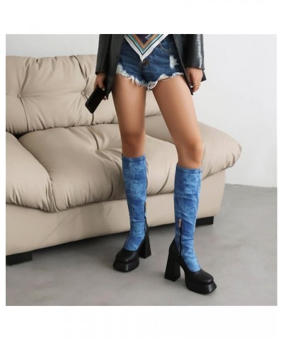 Womens Denim Knee High Boots Square Toe Zipper Platform Retro Block Heel Winter Shoes Denim $41.49 Boots