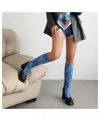 Womens Denim Knee High Boots Square Toe Zipper Platform Retro Block Heel Winter Shoes Denim $41.49 Boots