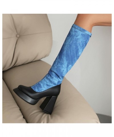 Womens Denim Knee High Boots Square Toe Zipper Platform Retro Block Heel Winter Shoes Denim $41.49 Boots