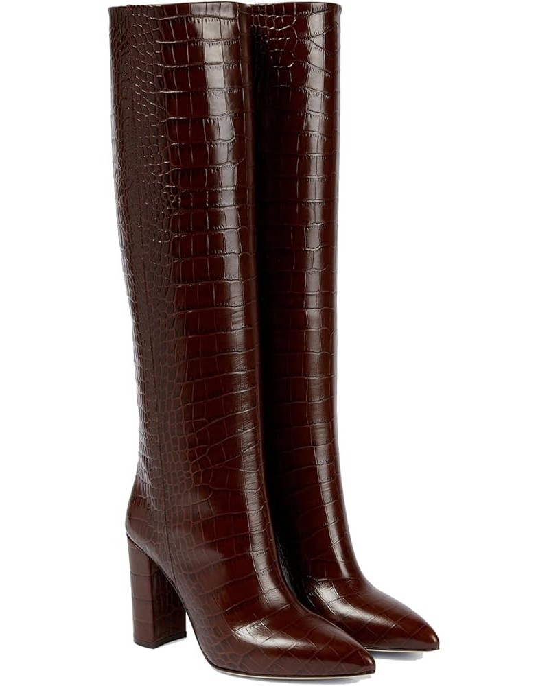 Women's Crocodile Pattern Chunky Heel Knee High Boots Pointed Toe Leather Long Boot Pull-on Fashion Dress Shoes Boot For Wome...