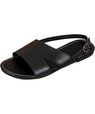 Ladies Fashion Summer Solid Color Leather Buckle Flat Bottomed Roman Sandals Womens Sandals Size 8 Black $10.39 Sandals