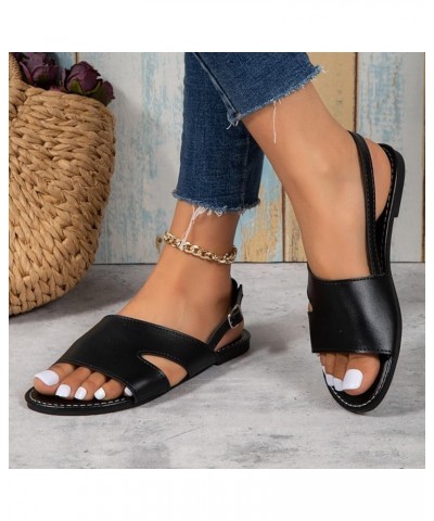 Ladies Fashion Summer Solid Color Leather Buckle Flat Bottomed Roman Sandals Womens Sandals Size 8 Black $10.39 Sandals