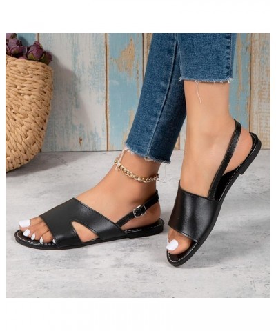 Ladies Fashion Summer Solid Color Leather Buckle Flat Bottomed Roman Sandals Womens Sandals Size 8 Black $10.39 Sandals