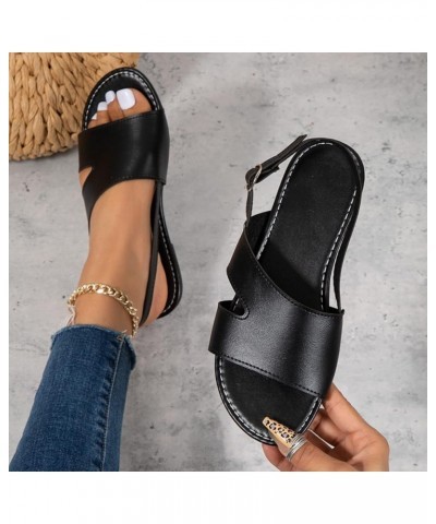 Ladies Fashion Summer Solid Color Leather Buckle Flat Bottomed Roman Sandals Womens Sandals Size 8 Black $10.39 Sandals