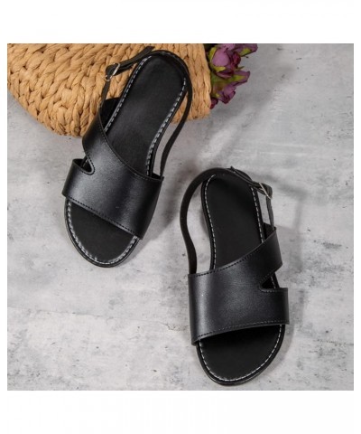 Ladies Fashion Summer Solid Color Leather Buckle Flat Bottomed Roman Sandals Womens Sandals Size 8 Black $10.39 Sandals