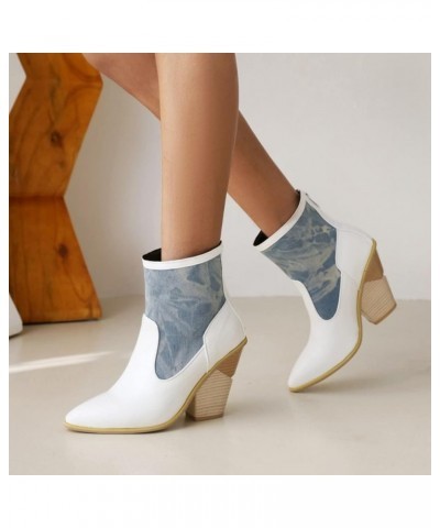 Womens Sexy Serpentine Pointed Toe Ankle Boots Two Tone Booties Non Slip Chunky Stacked High Heels Everyday Short Bootie Whit...