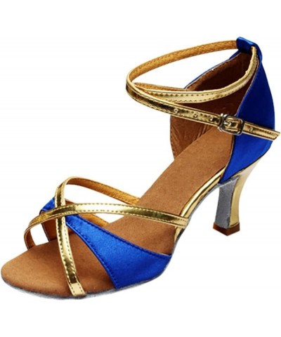 Women's Satin Sandals Low Heel Dance Shoes Latin Salsa Ballroom Performance Dance Flared Heel Shoes 1.9 Inch Heel Blue $14.26...