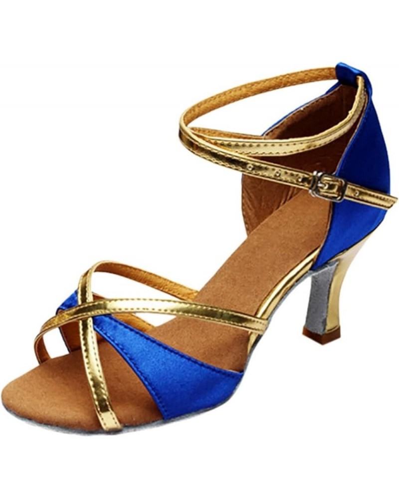 Women's Satin Sandals Low Heel Dance Shoes Latin Salsa Ballroom Performance Dance Flared Heel Shoes 1.9 Inch Heel Blue $14.26...