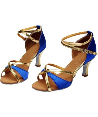 Women's Satin Sandals Low Heel Dance Shoes Latin Salsa Ballroom Performance Dance Flared Heel Shoes 1.9 Inch Heel Blue $14.26...