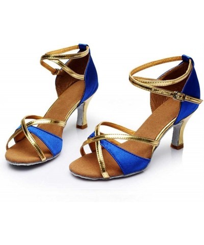 Women's Satin Sandals Low Heel Dance Shoes Latin Salsa Ballroom Performance Dance Flared Heel Shoes 1.9 Inch Heel Blue $14.26...