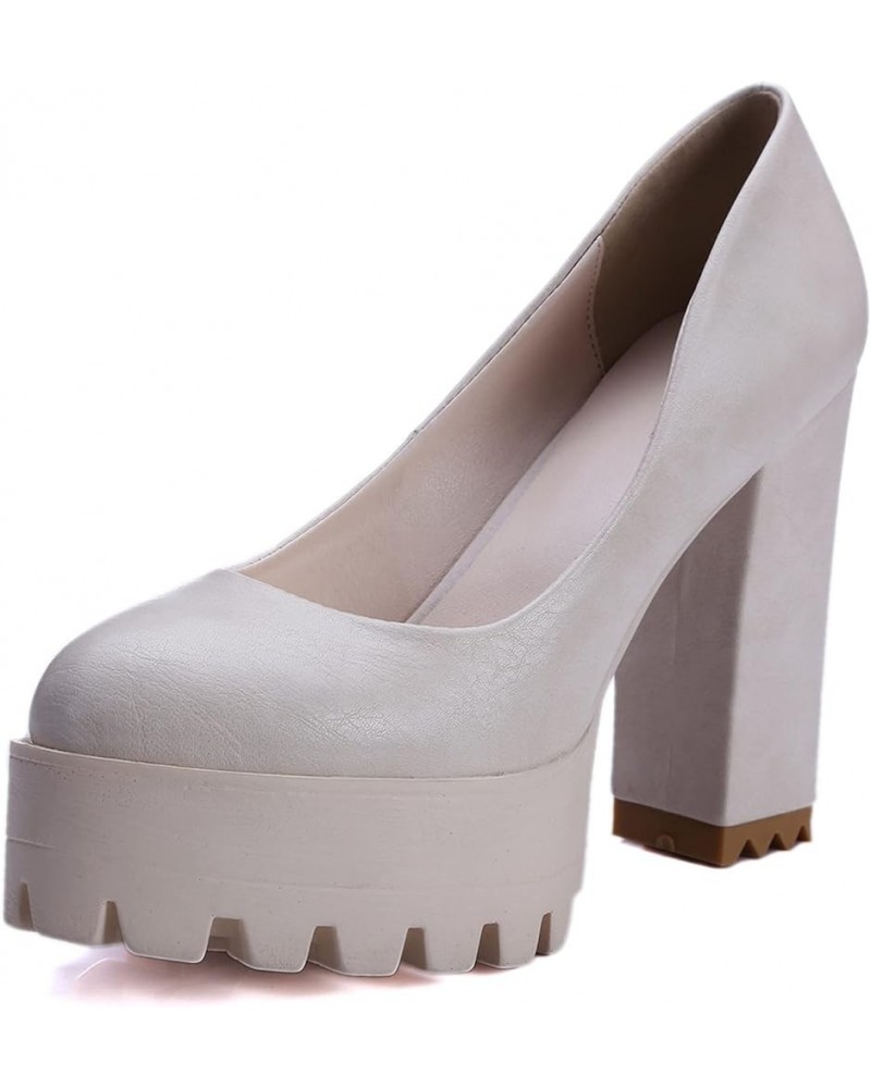 Ladies Slip On Stylish Chunky Heels Pumps Platform Beige $23.99 Pumps