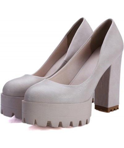 Ladies Slip On Stylish Chunky Heels Pumps Platform Beige $23.99 Pumps