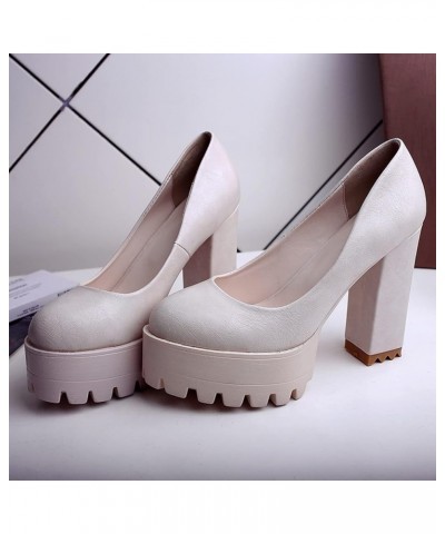 Ladies Slip On Stylish Chunky Heels Pumps Platform Beige $23.99 Pumps