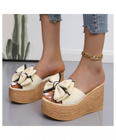 Casual Style Solid Color Bow Wedge Sandals for Women Fashion Spring and Summer Women Sandals Slip on Wedge Heel 6.5 Beige $19...