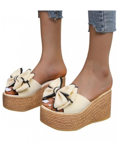 Casual Style Solid Color Bow Wedge Sandals for Women Fashion Spring and Summer Women Sandals Slip on Wedge Heel 6.5 Beige $19...