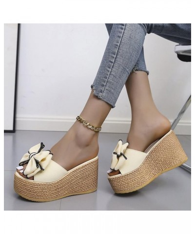 Casual Style Solid Color Bow Wedge Sandals for Women Fashion Spring and Summer Women Sandals Slip on Wedge Heel 6.5 Beige $19...