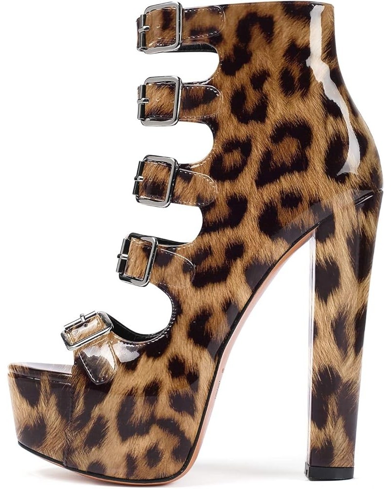 Women's Chunky Heel Platform Sandals Open Toe Buckle Strap Zipper Shoes Leopard $42.11 Sandals