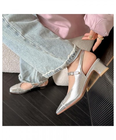 Women Dressy Ankle Strap Pumps Round Closed Toe Slip On Slingback Sandals Block Low Heels Shoes Party Daily Size 4-15 US Silv...