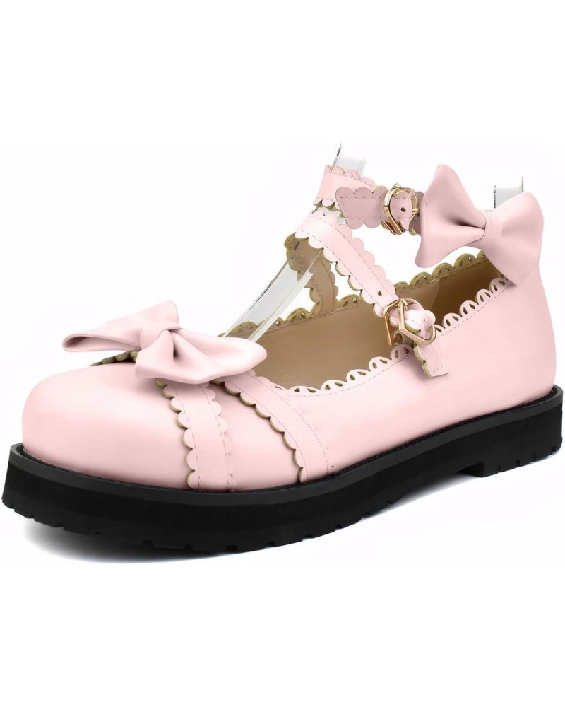 Women's Ankle Strap Platform Mary Janes Kawaii Goth Shoes with Bows Pink $29.69 Flats