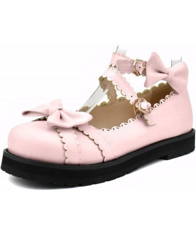 Women's Ankle Strap Platform Mary Janes Kawaii Goth Shoes with Bows Pink $29.69 Flats