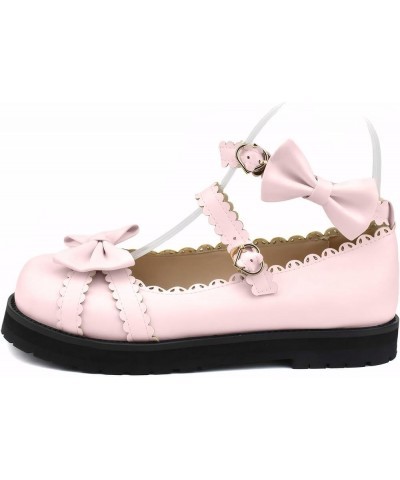 Women's Ankle Strap Platform Mary Janes Kawaii Goth Shoes with Bows Pink $29.69 Flats