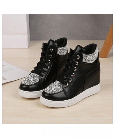 Ladies Fashion Shoes Rhinestone Inner Heightening Solid Color Lace Up High Top Sport Shoes Walking Shoes Woman (Black, 9) 9 B...