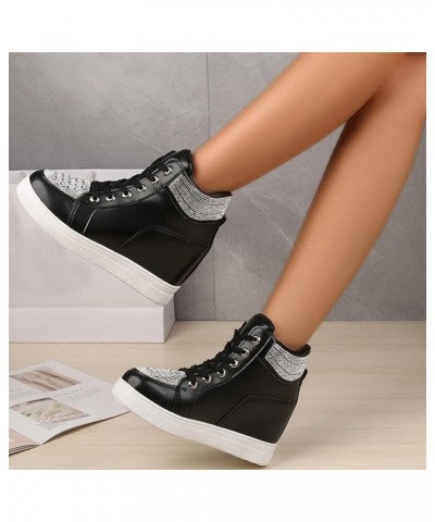 Ladies Fashion Shoes Rhinestone Inner Heightening Solid Color Lace Up High Top Sport Shoes Walking Shoes Woman (Black, 9) 9 B...