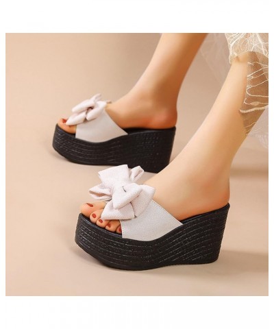 Womens Fashion Sequin Bow Platform Wedge Sandals Dressy Shiny Knot Slip On Slide Slippers Comfortable Caual Summer Round Open...