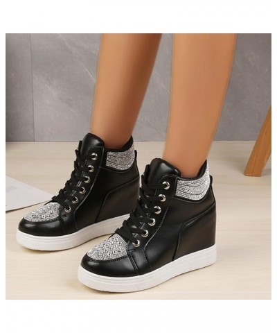 Ladies Fashion Shoes Rhinestone Inner Heightening Solid Color Lace Up High Top Sport Shoes Walking Shoes Woman (Black, 9) 9 B...