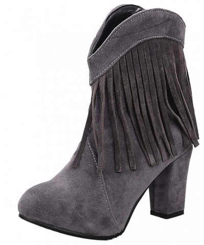 Women Round Toe Classic Fringe Block Heel Winter Boots Grey Without Fur $32.38 Boots