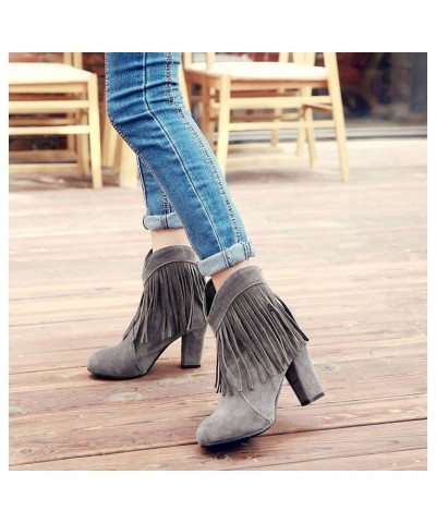 Women Round Toe Classic Fringe Block Heel Winter Boots Grey Without Fur $32.38 Boots