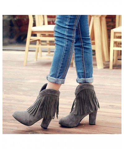 Women Round Toe Classic Fringe Block Heel Winter Boots Grey Without Fur $32.38 Boots