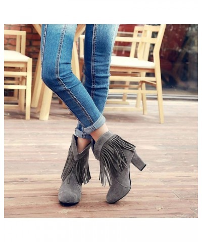 Women Round Toe Classic Fringe Block Heel Winter Boots Grey Without Fur $32.38 Boots