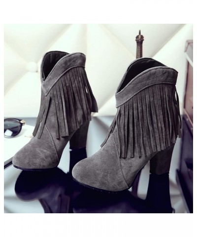 Women Round Toe Classic Fringe Block Heel Winter Boots Grey Without Fur $32.38 Boots