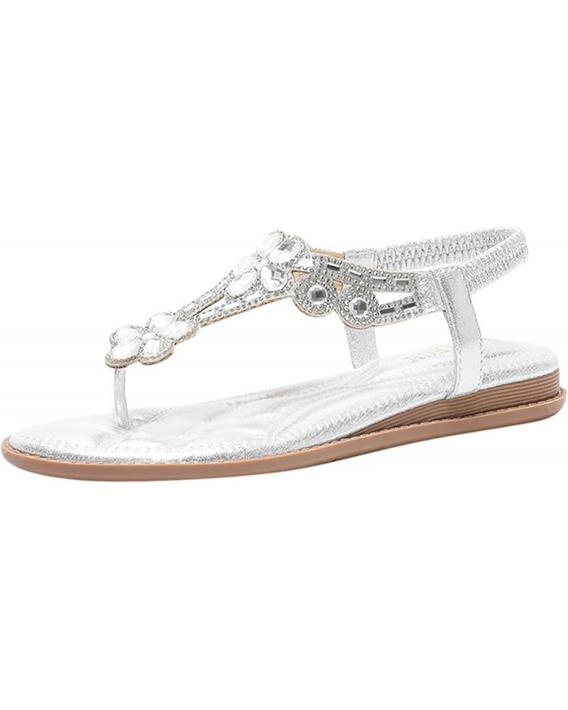 flat sandals for women, Women's Fashion Casual Flats Rhinestone Round Toe Sandals Buckle Strap Shoes Z 13-silver $16.51 Sandals