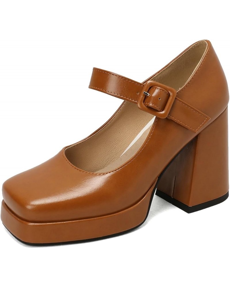 Platform Mary Janes for Women,Square Toe Mary Jane Heels Ankle Strap Pumps Closed Toe Dress Shoes Brown $17.64 Pumps