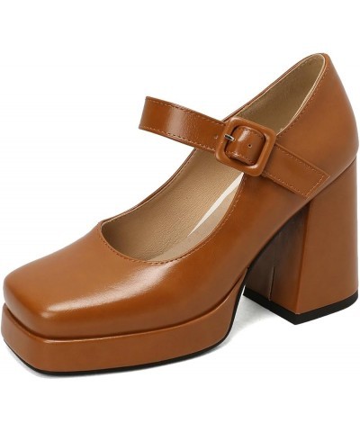 Platform Mary Janes for Women,Square Toe Mary Jane Heels Ankle Strap Pumps Closed Toe Dress Shoes Brown $17.64 Pumps