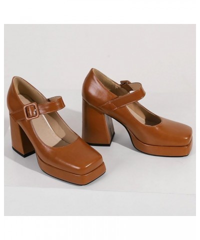 Platform Mary Janes for Women,Square Toe Mary Jane Heels Ankle Strap Pumps Closed Toe Dress Shoes Brown $17.64 Pumps