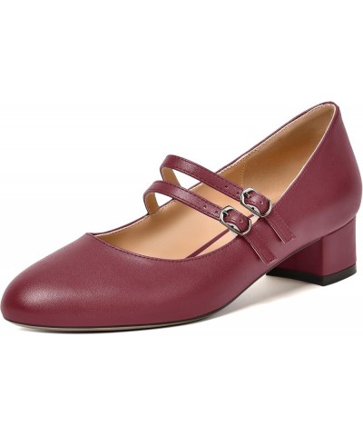 Womens Office Round Toe Adjustable Strap Fashion Buckle Matte Chunky Low Heel Pumps Shoes 1.5 Inch Burgundy $36.95 Pumps