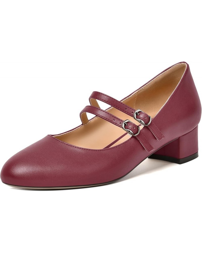 Womens Office Round Toe Adjustable Strap Fashion Buckle Matte Chunky Low Heel Pumps Shoes 1.5 Inch Burgundy $36.95 Pumps