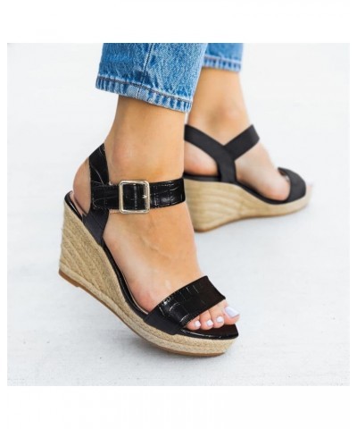 Women's Wedge Sandals Platform Sandals Elastic Strap Sandals Wedge Sandals With Ankle Strap Black $16.95 Sandals