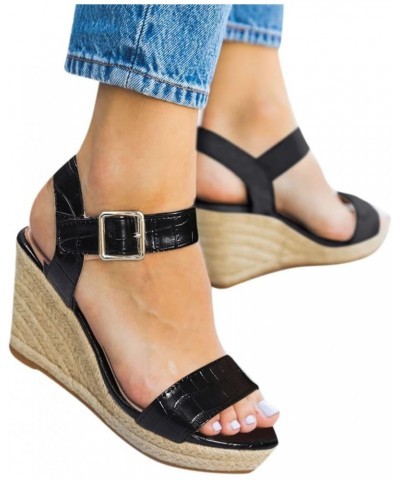 Women's Wedge Sandals Platform Sandals Elastic Strap Sandals Wedge Sandals With Ankle Strap Black $16.95 Sandals