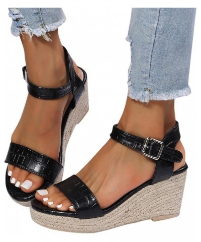 Women's Wedge Sandals Platform Sandals Elastic Strap Sandals Wedge Sandals With Ankle Strap Black $16.95 Sandals